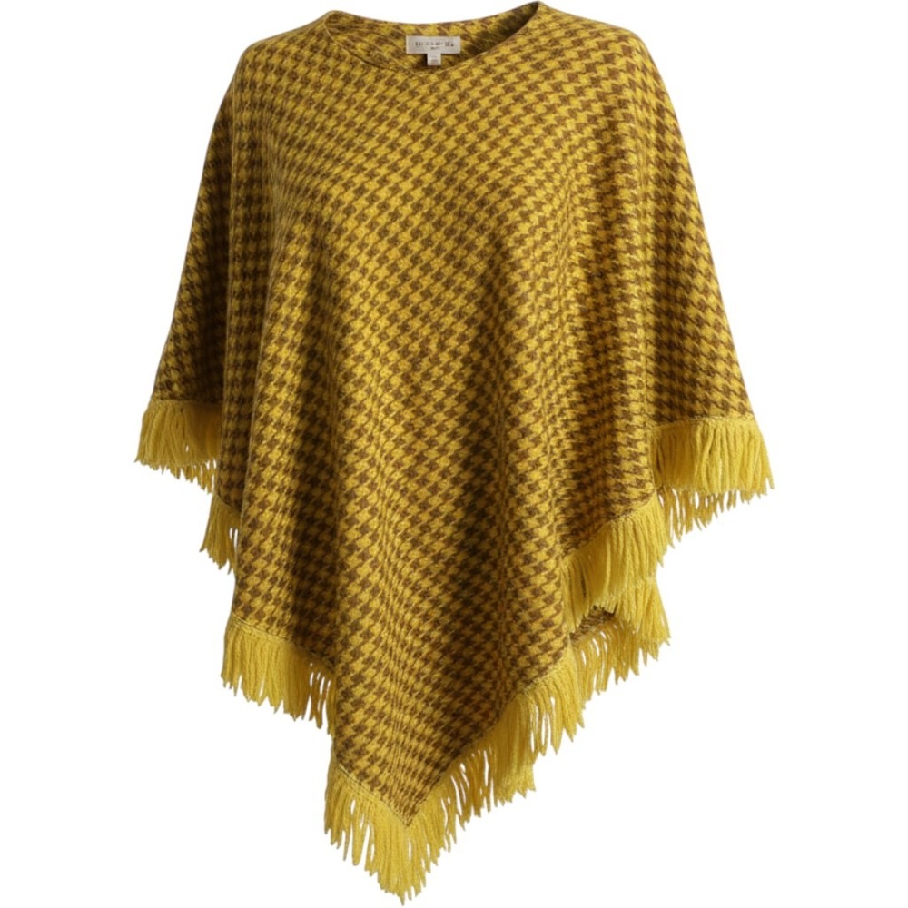 Mustard Yellow Brown Houndstooth Fringe Knit Poncho Wrap One Size